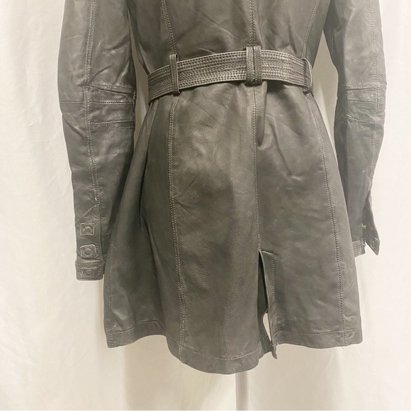 Dick & Jayne Charcoal Gray/Black Genuine Leather Belted Trench Coat - Picture 9 of 11